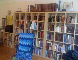 One wall of my living room is entirely covered by IKEA Expedit shelving units. -Chaya