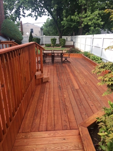 Deck stain is a rich reddish-brown